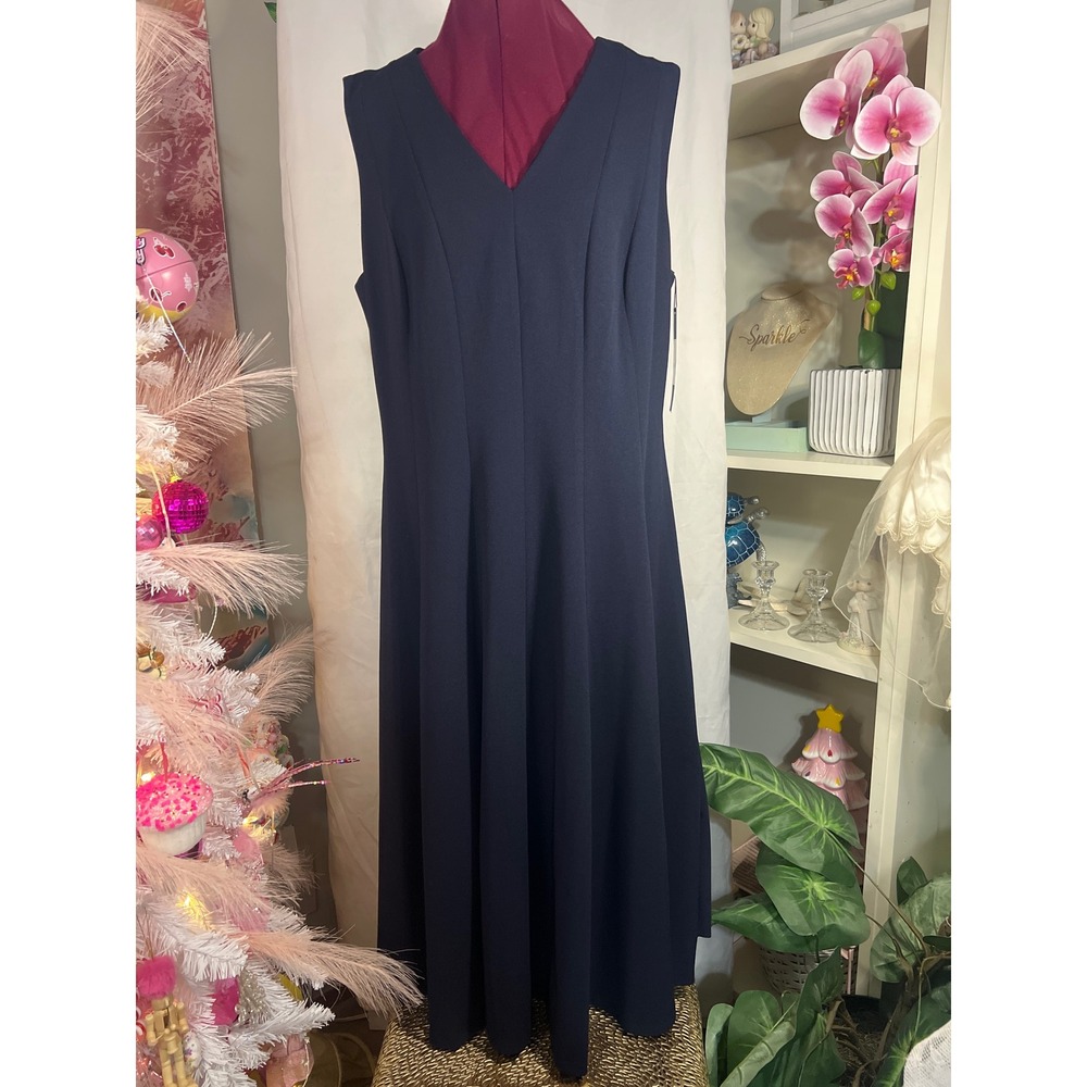 Calvin Klein Midi Dress Women 16W Navy Blue NWT Sleeveless Fit & Flare V-Neck